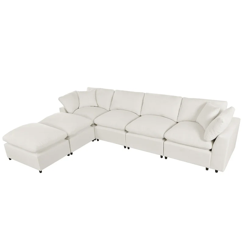 Beige 134.40 Modern U-Shaped 6 Seater Sectional Sofa with 2 Large Chaises, Removable Ottomans and Soft Cushions