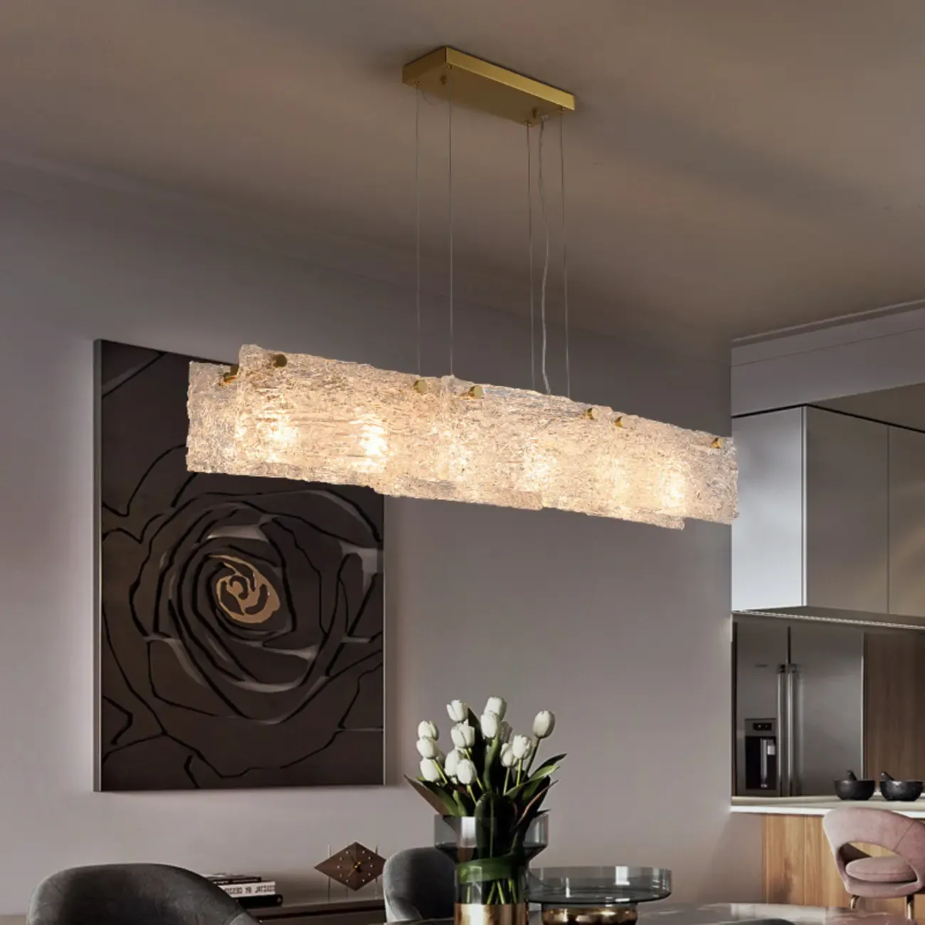 Modern Gold Glass Rectangle Island Pendant Light for Kitchen