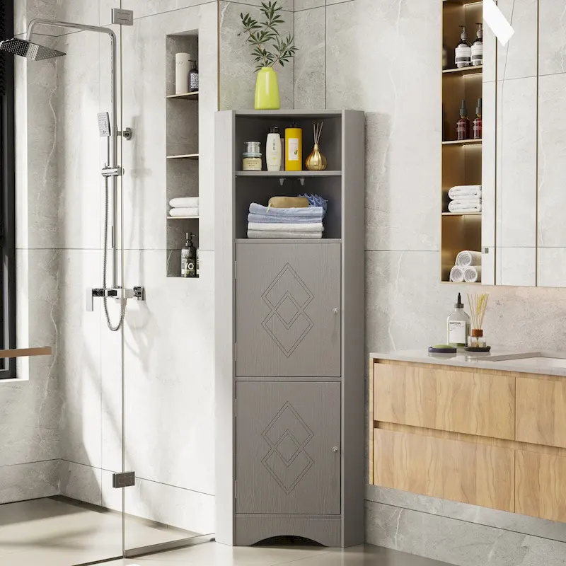 Grey / White Corner Storage Cabinet with Adjustable Shelves, for 1