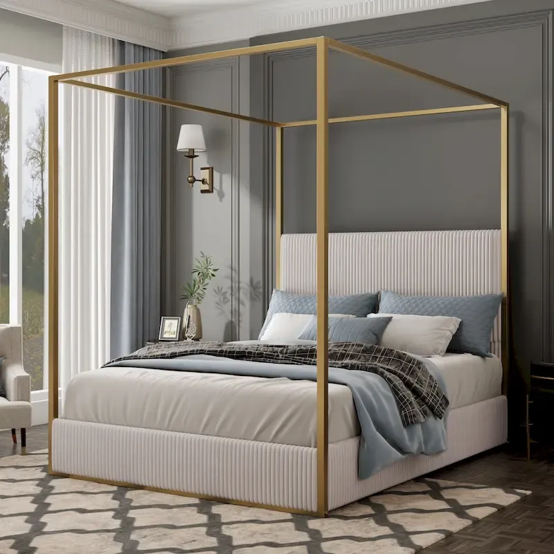 Metal Canopy Frame Platform Bed with Vertical Stripe Upholstered Wingback Headboard, Four Poster Low Profile