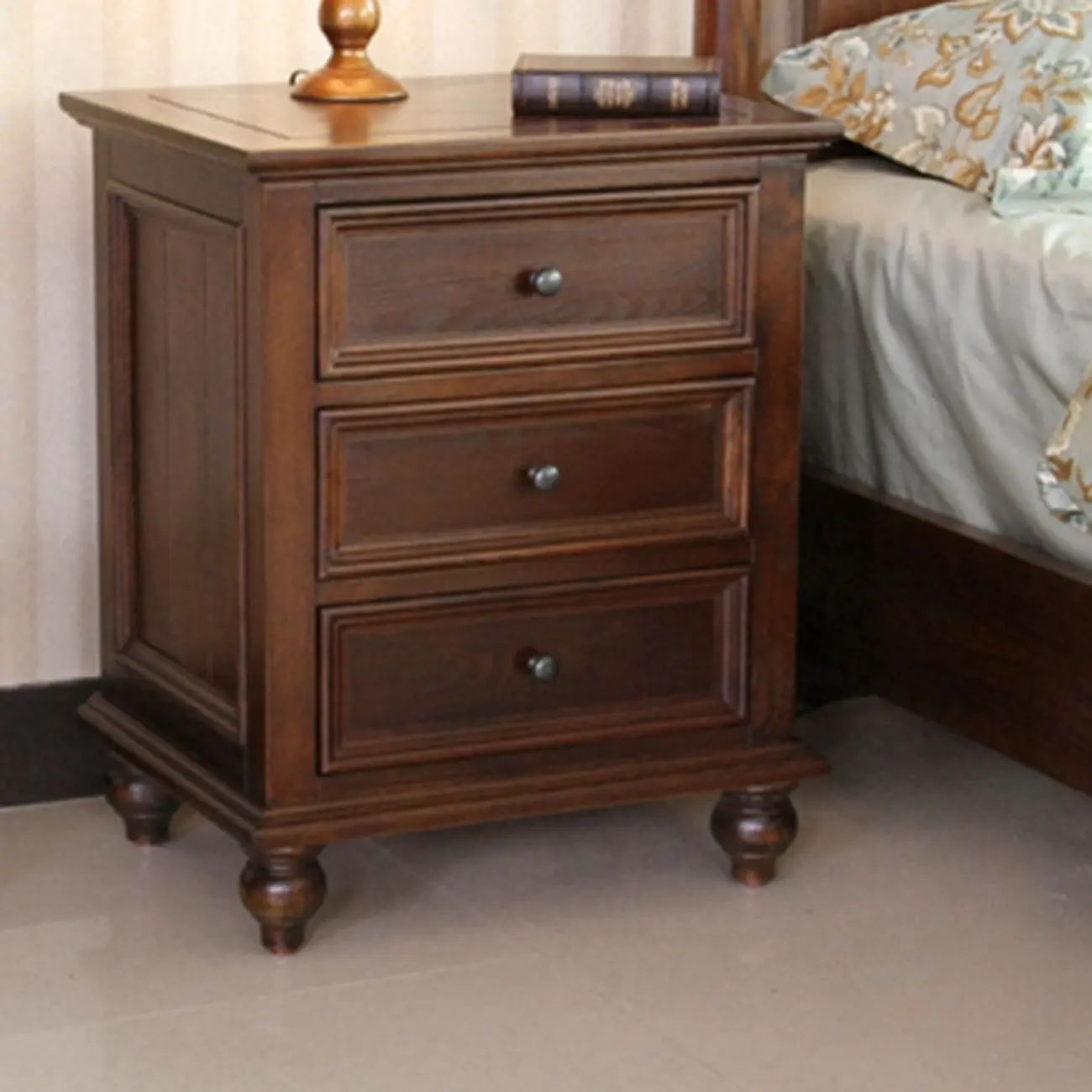 Traditional Brown Wood Nightstand with Drawers and Open Storage