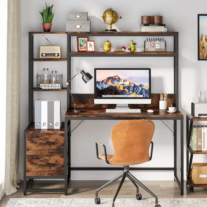 Rustic Computer Office Desk with Drawers and Hutch