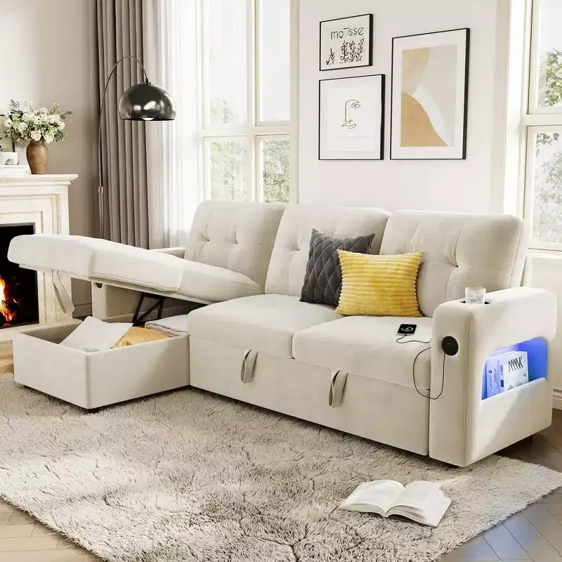 Sleeper Sofa Couch, L-Shaped Sofa, Convertible Pull Out Sofa Bed with Storage, Charging Station, Modern Sectional Sofa for Living Room, Apartment