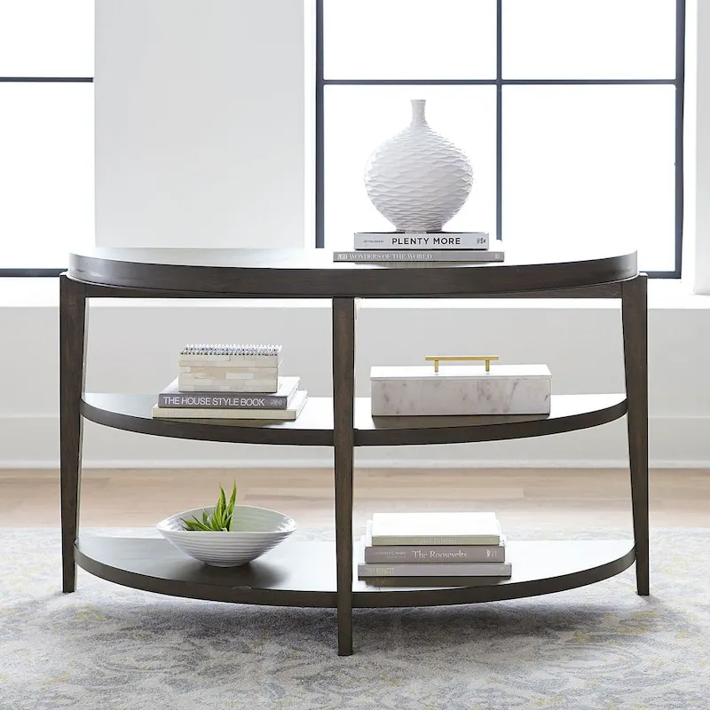 Demilune Sofa Table, Sunburst Top, 2 Open Shelves, 50