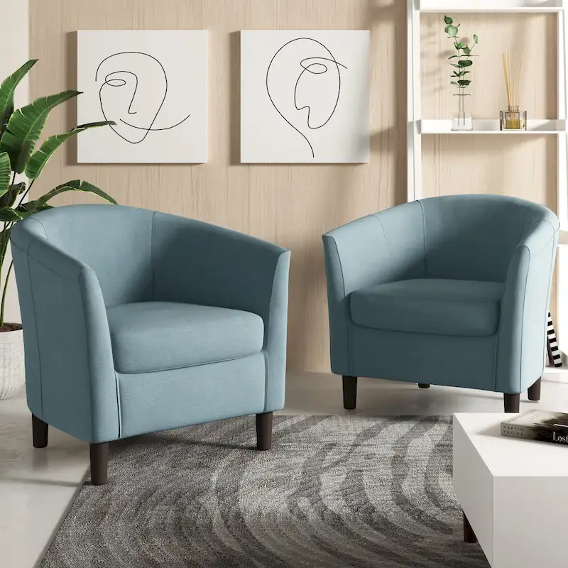 2 Set Modern Linen Barrel Accent Chairs Club Armchair