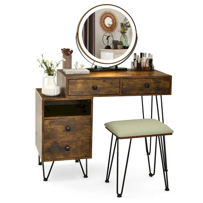 Vanity Table & Stool Set with LED Mirror & Side Cabinet – Brown / Black / White – 1 Person
