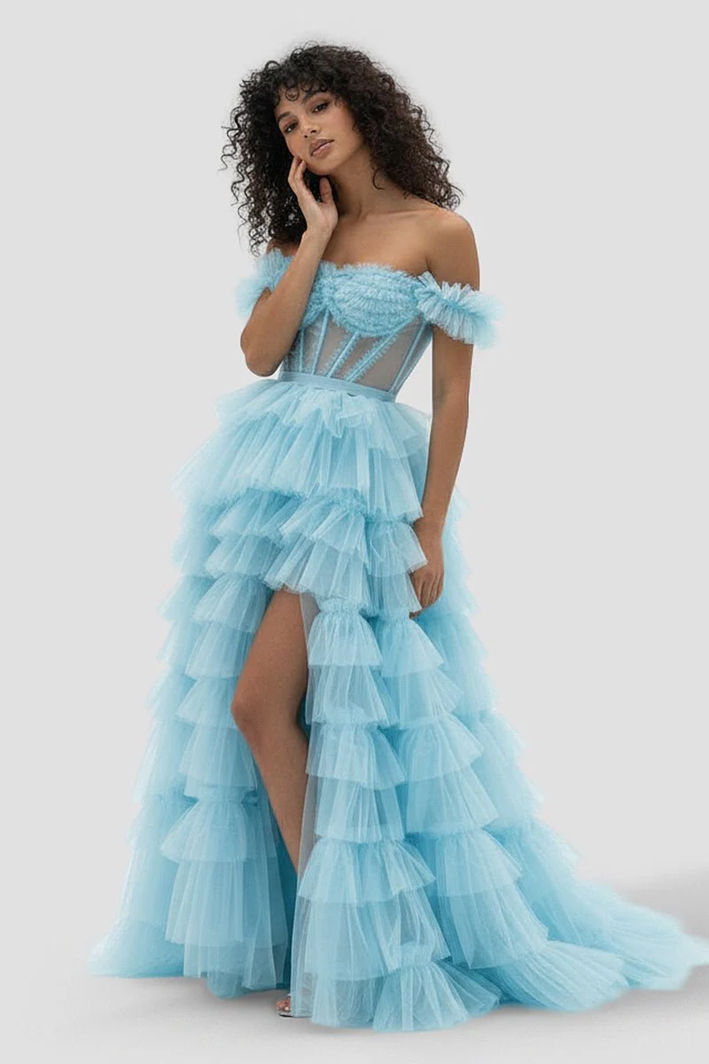 Royal Blue Off the Shoulder Ruffle Tiered Tulle Long Prom Dresses with Slit