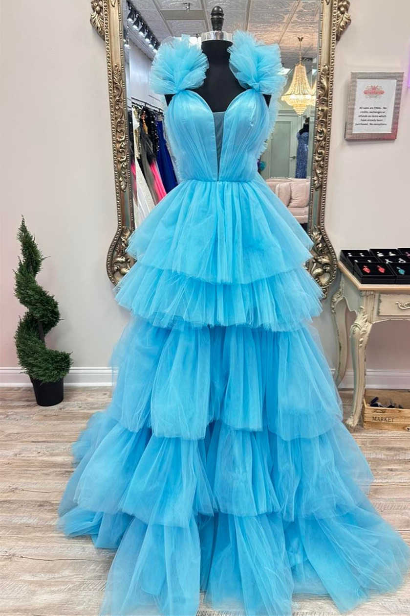 Sky Blue Ruffle Straps A-Line Tiered Prom Dress