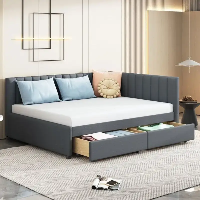 Full Size Daybed with 2 Storage Drawers – Beige/Grey/Yellow, Linen, Seats/Sleeps 2