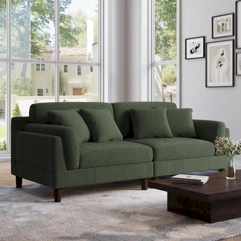 Orange / Gray / Green / Light Grey / Beige Corduroy 2-Seat Sofa with Removable Cover, Square Arms & Tapered Legs, 2-Person