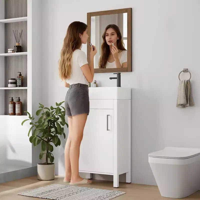 Space-Saving Modern Bathroom Vanity with basin - 16 Inch Freestanding Wooden Cabinet, Metal Handle, Farmhouse Style, Easy Assembly