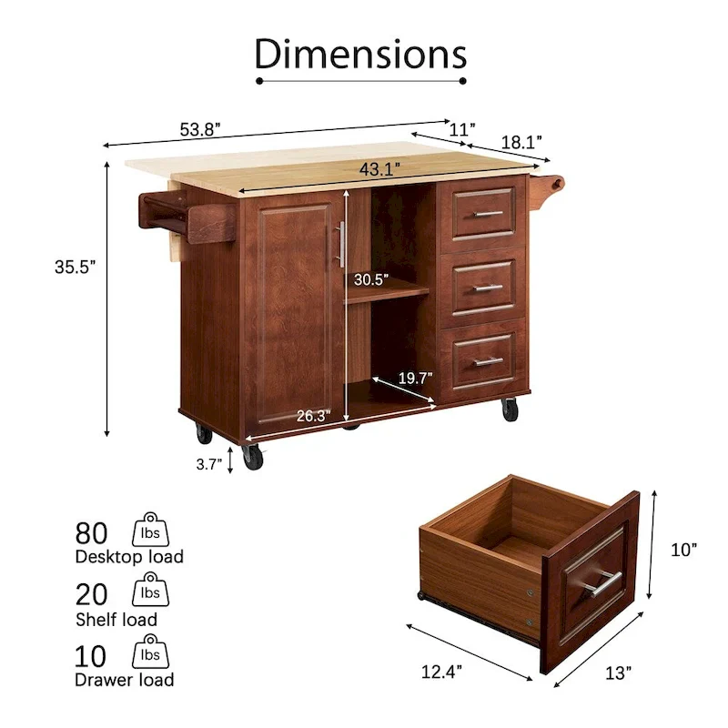 Mobile Kitchen Island Cart With 3 Drawers