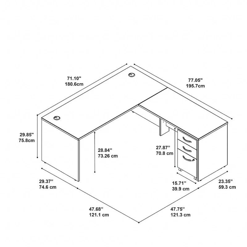 72W L Shaped Desk with Mobile File Cabinet - Mocha Cherry