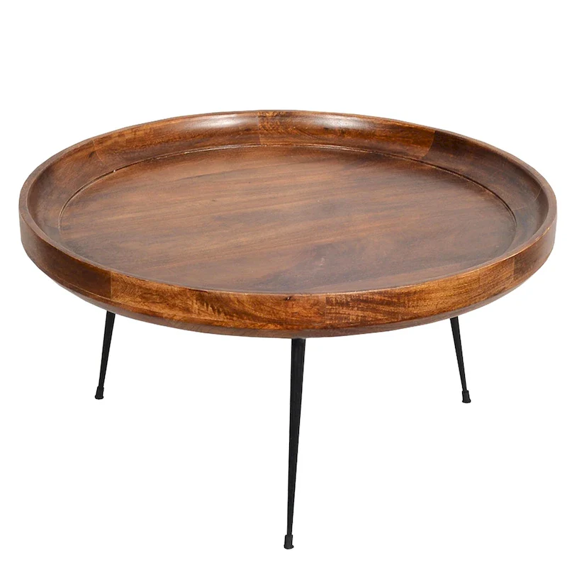Brown & Black Round Mango Wood Coffee Table with Splayed Metal Legs