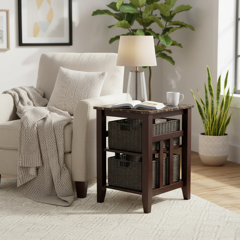 Accent Table with 2 Foldable Corn Husk Baskets, Faux Marble Top, Chocolate and Walnut - 16.54 x 20.08 x 25.04 inches