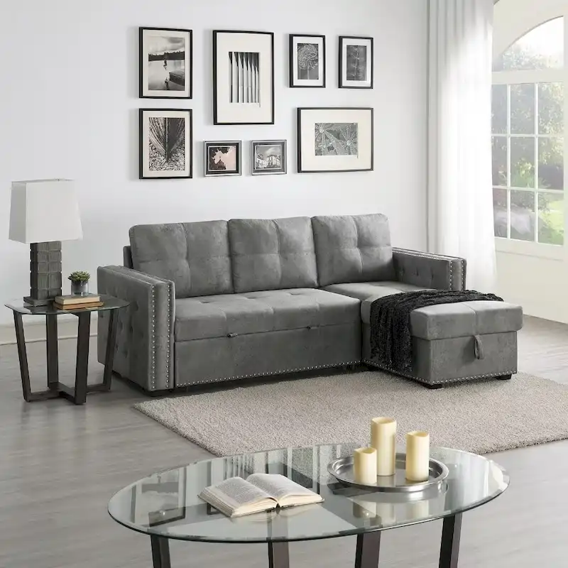 Modern Reversible L-shaped Sleeper Sectional Sofa Bed with Storage Chaise