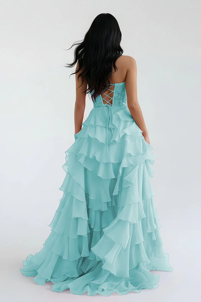 Royal Blue Chiffon Sweetheart Ruffle Tiered Long Prom Dress