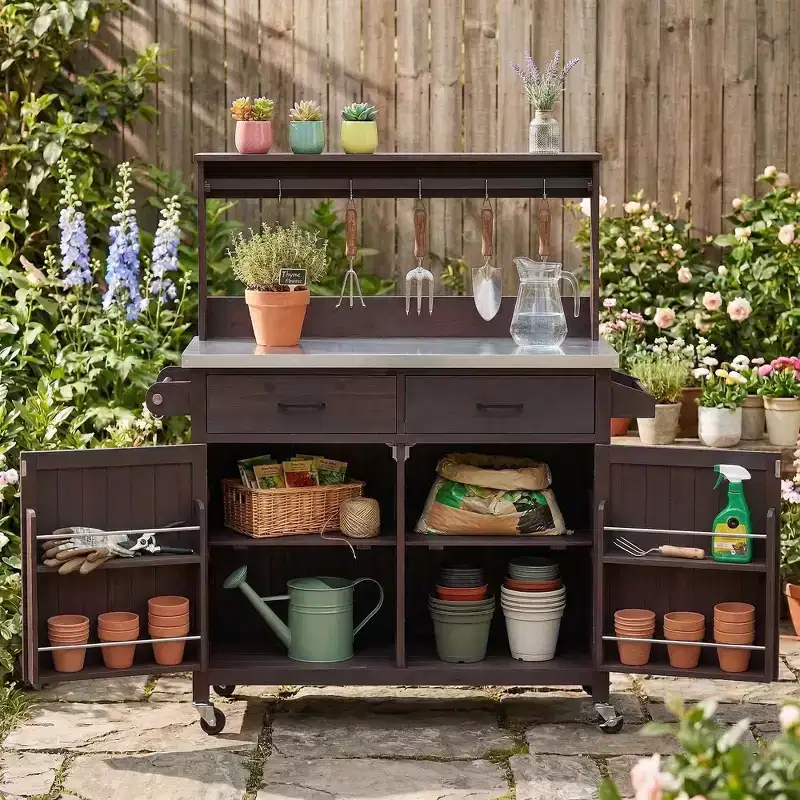 Whisen 54.1 Outdoor Kitchen Island Carts, Patio Garden Potting Bench, Outdoor Grill BBQ Cart with Stainless Top, Storage Cabinet Drawers