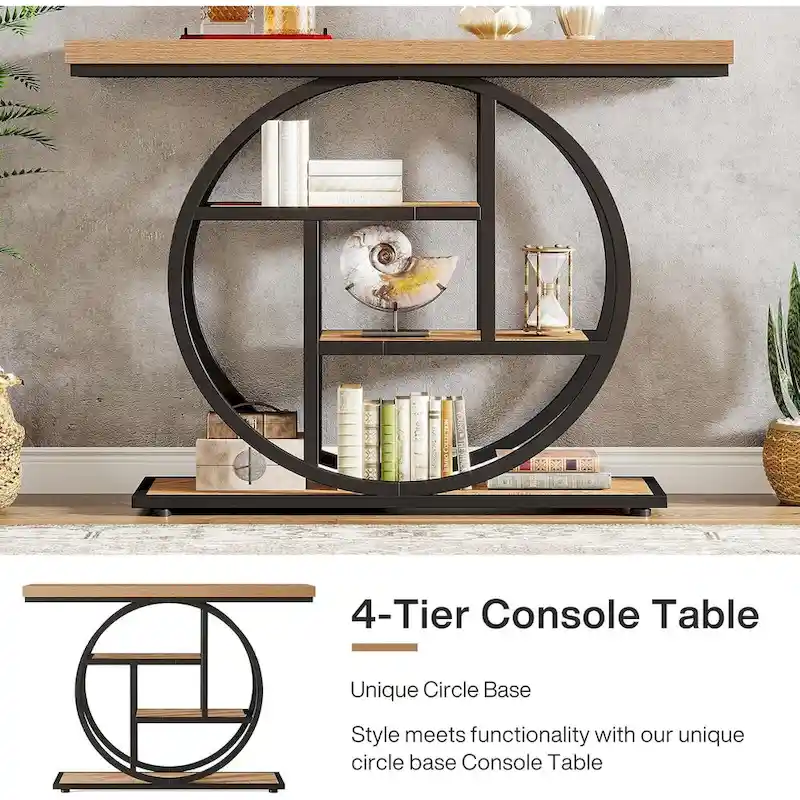 Industrial 4-Tier Sofa Table Entryway Table with Circle Base