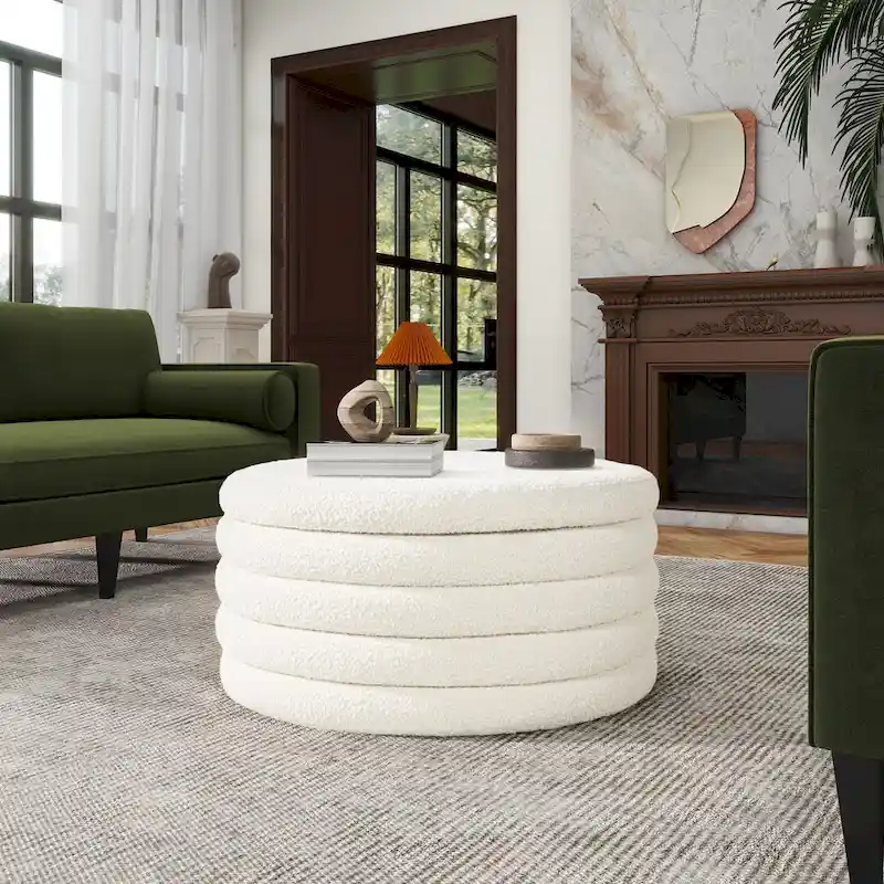 Fuji 36  Boucle Sherpa Round Upholstered Storage Cocktail Ottoman