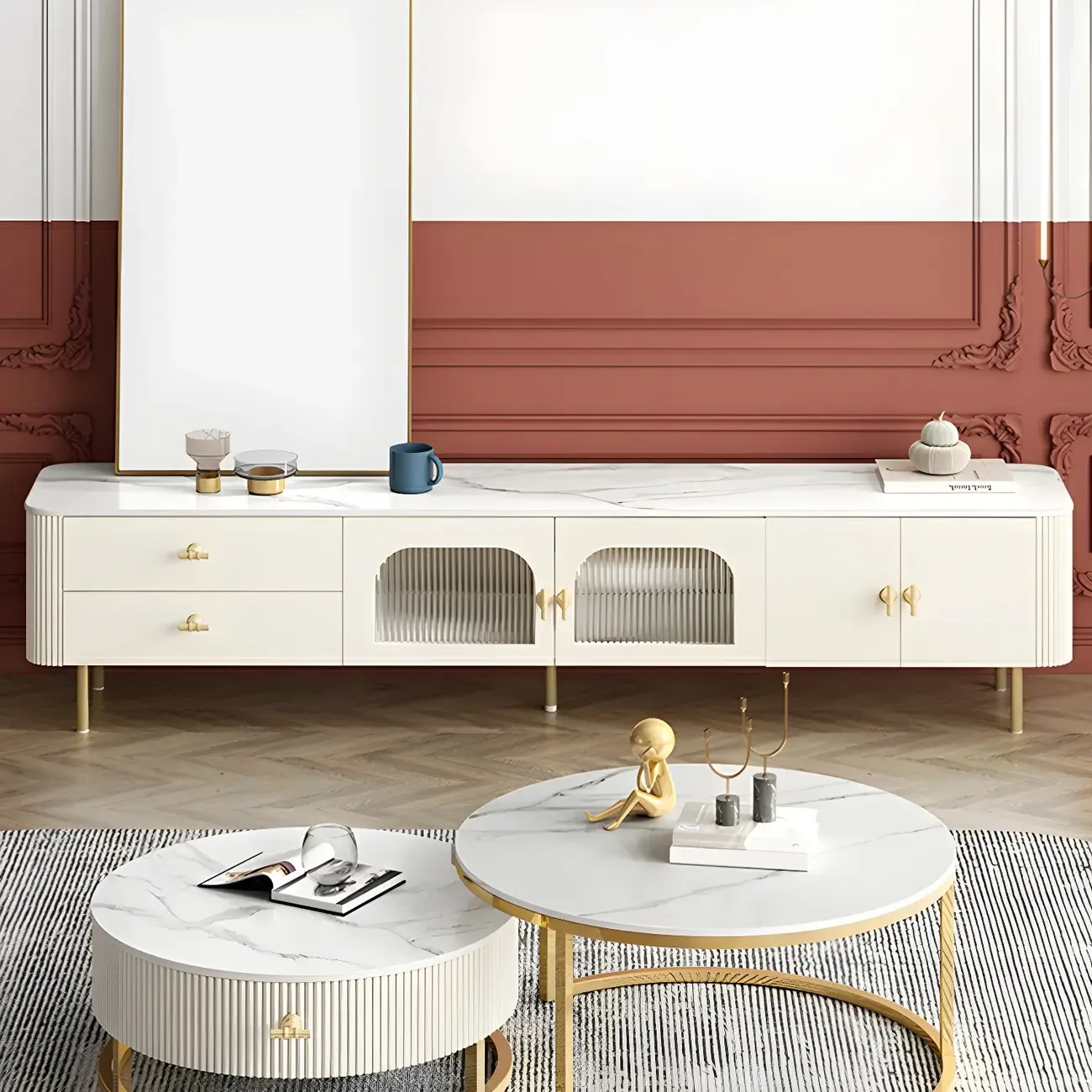 White Stone Glass Doors Cabinet TV Stand with Gold Legs