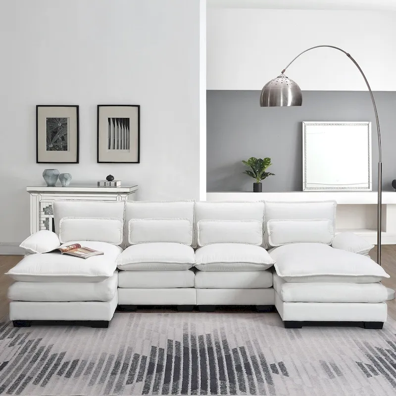 6-seat Upholstered Modern U-shaped Sectional Sofa with Waist Pillows,Sleeper Sofa Couch with Chaise Lounge,White