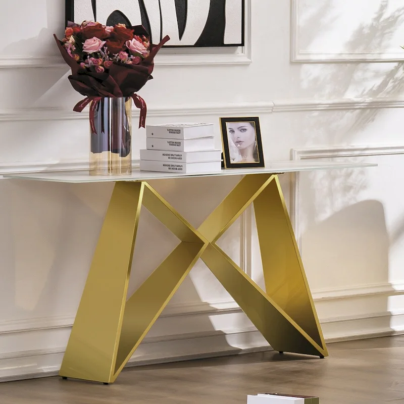 55 inch Rectangle White Glass Console Table with Mirrored M-Shaped Base