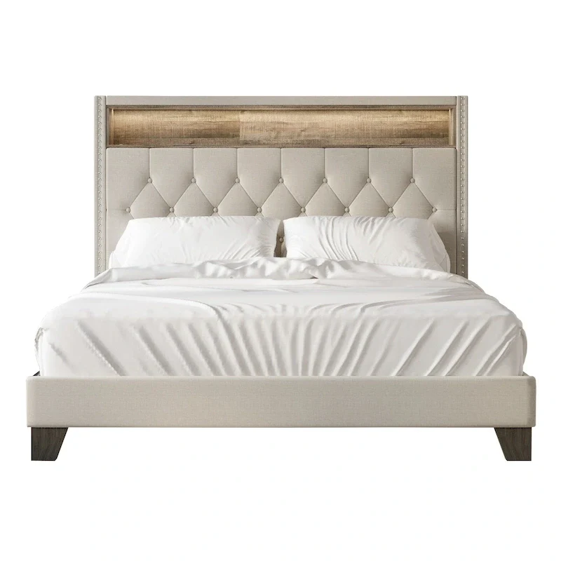 CraftPorch Glam Linen Button Tufted LED Glow Upholstered Bookcase Bed