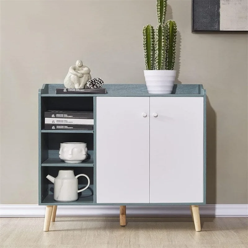 White/Blue Storage Sideboard with Door & Shelves, 1-Person Assembly