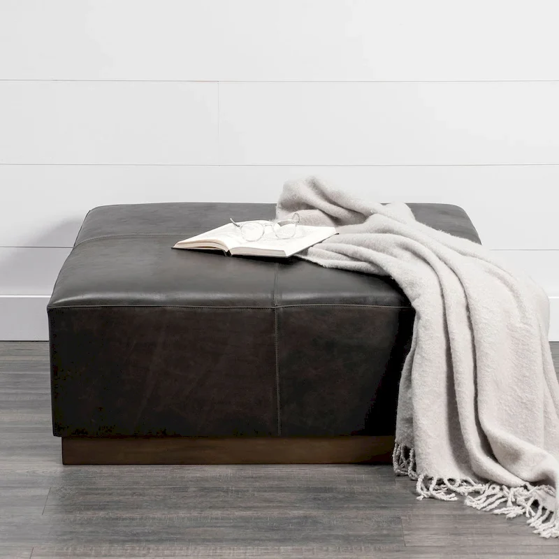 Black / Brown Top-Grain Leather Square Ottoman with Brass Metal Base