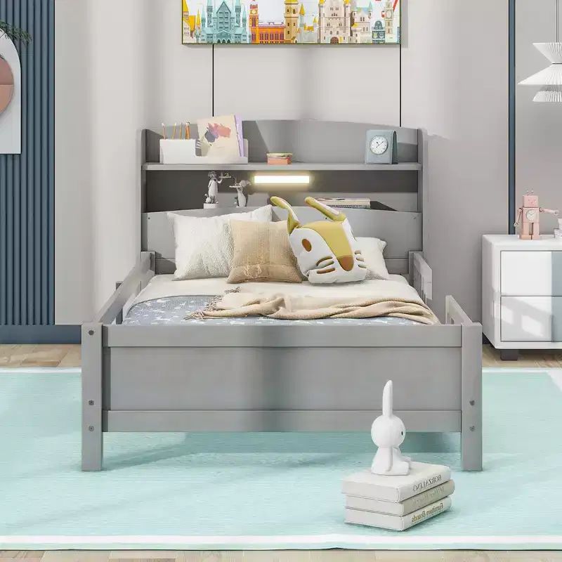 Kids Bed with Storage Headboard and Built-in LED Light, Wood Platform Bed Frame with Guardrail for Girls Boys