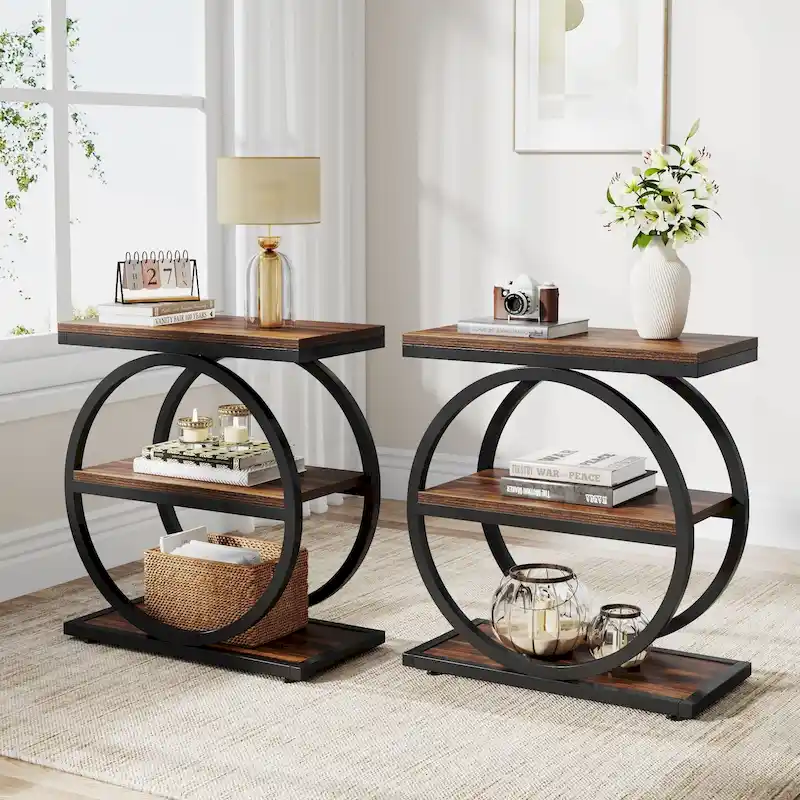 Industrial 3-Shelf Narrow End Table – Brown / Grey / Oak / Yellow