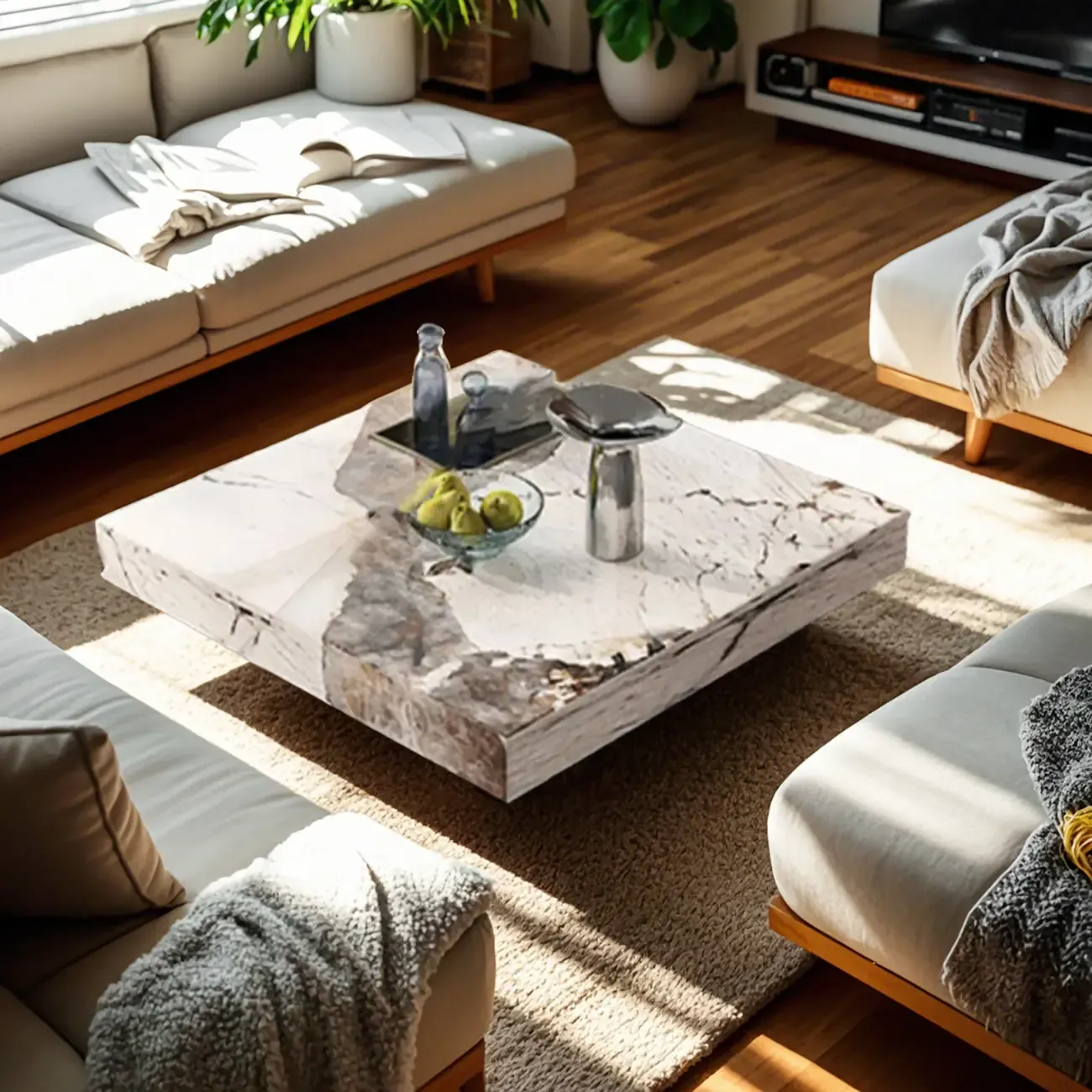 Modern Elegant White Square Coffee Table with Silver Base