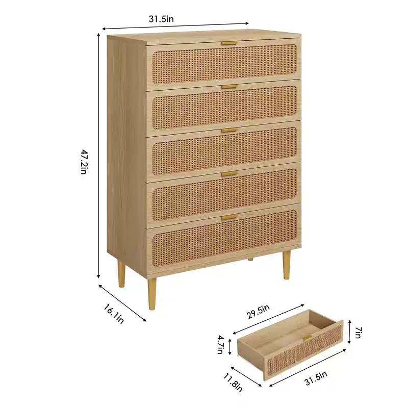 Natural Rattan 5-Drawer Tall Dresser, Wood Color, Single Use