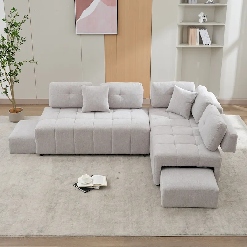 91.73  L-Shaped 4 Seater Sectional Sofa with 2 Hidden Stools, 2 Removable Lumbar Pillows, and Durable Chenille Upholstery