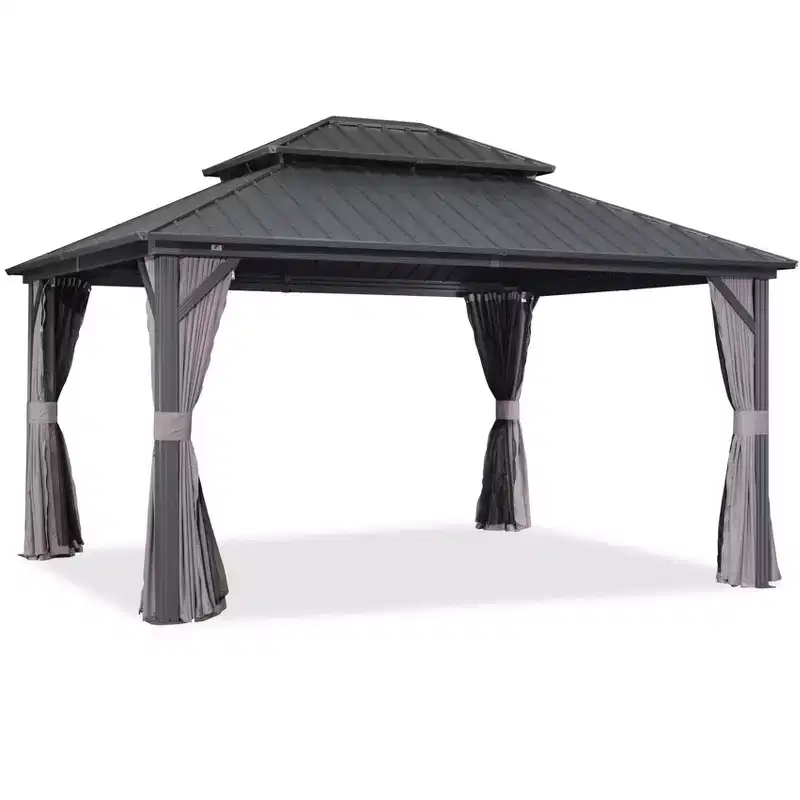 PURPLE LEAF 12' x 14' Permanent Hardtop Gazebo Aluminum Frame Gazebo with Galvanized Steel Double Roof, Netting & Curtains included - Grey