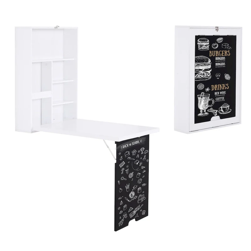 Wall-Mounted Foldable Desk with Blackboard and Storage Shelves