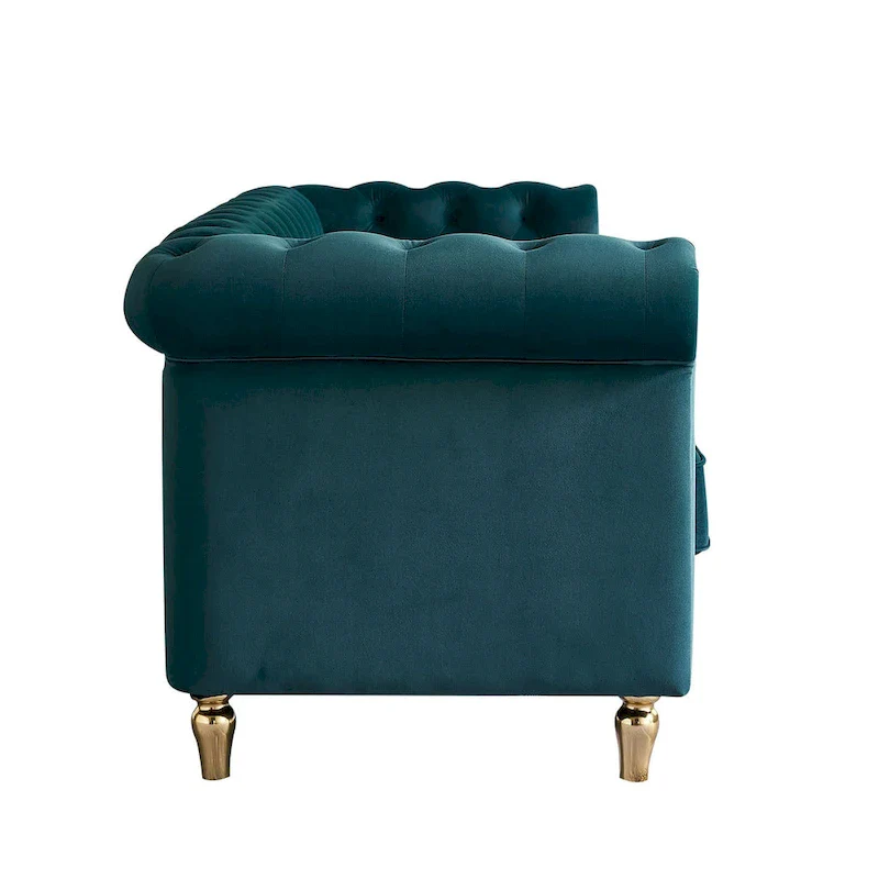Green / Pink Velvet Chesterfield Sofa with Gold Trim & Button Tufting – 2-Seat