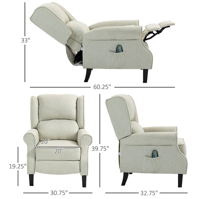 White Linen Wingback Recliner with Vibration Massage, Heat, Footrest