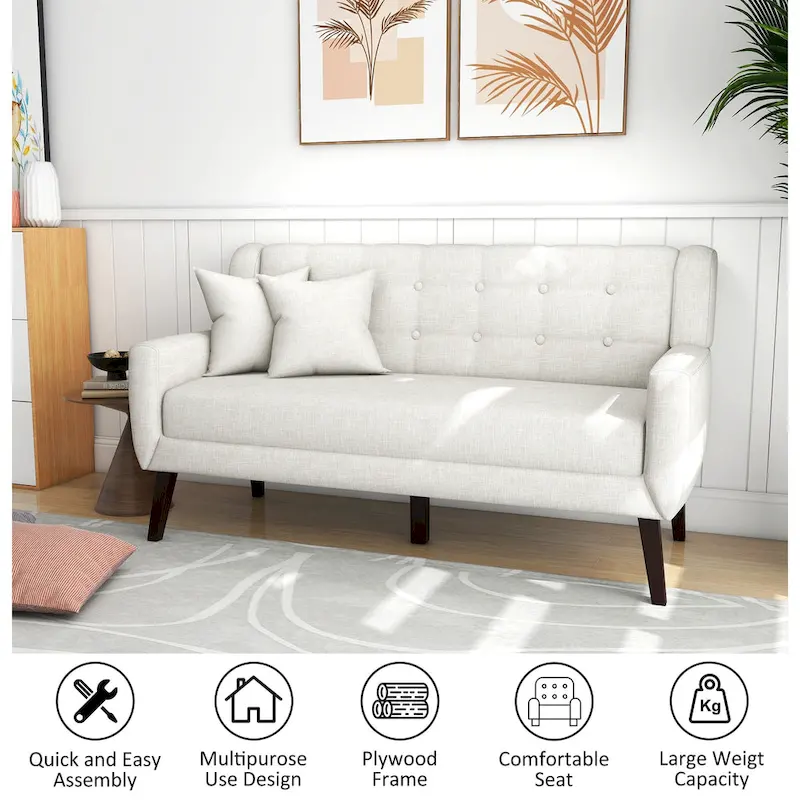 Tufted Linen/Cotton 2-Seater Sofa with Pillows