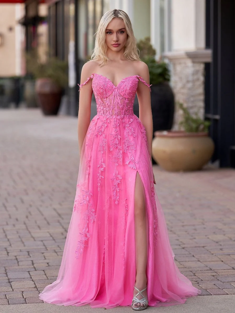 A-line V Neck Lace Tulle Prom Dress With Slit