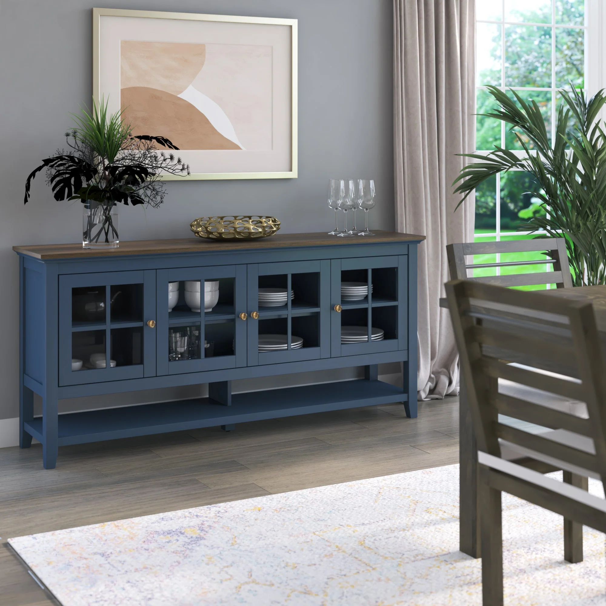 Traditional Farmhouse Windowpane Glass Doors Buffet Sideboard