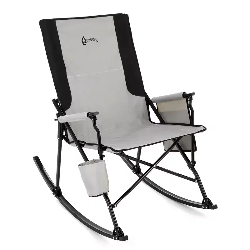 ARROWHEAD OUTDOOR Foldable Rocking Camp Chair, XL Cup Holder, Side Pocket, Space-Saving Folding, Swinging Rocker, Camping, Fishing, Patio, Black