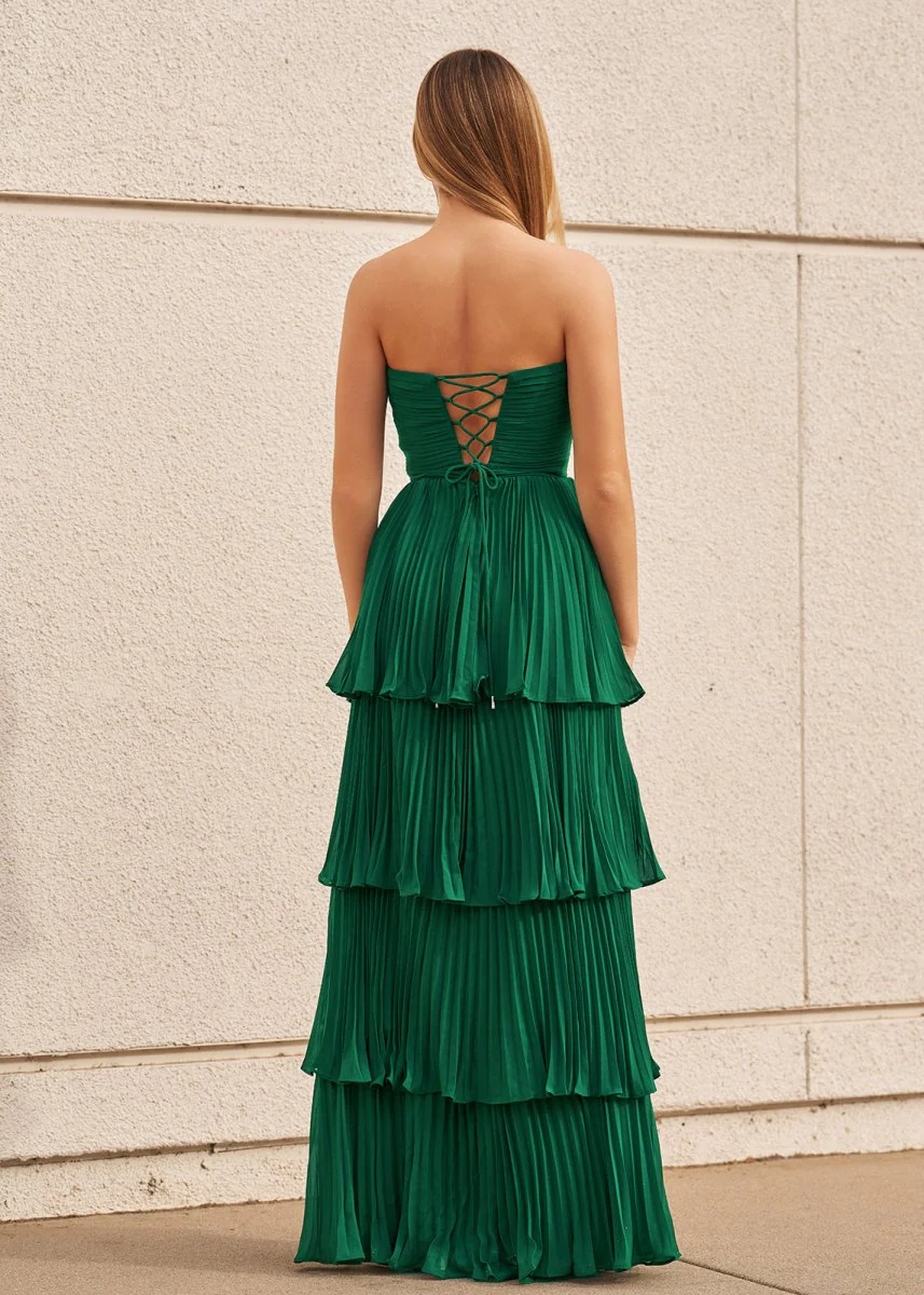 Strapless Emerald Green Ruffle Multi-Layer Long Prom Dress