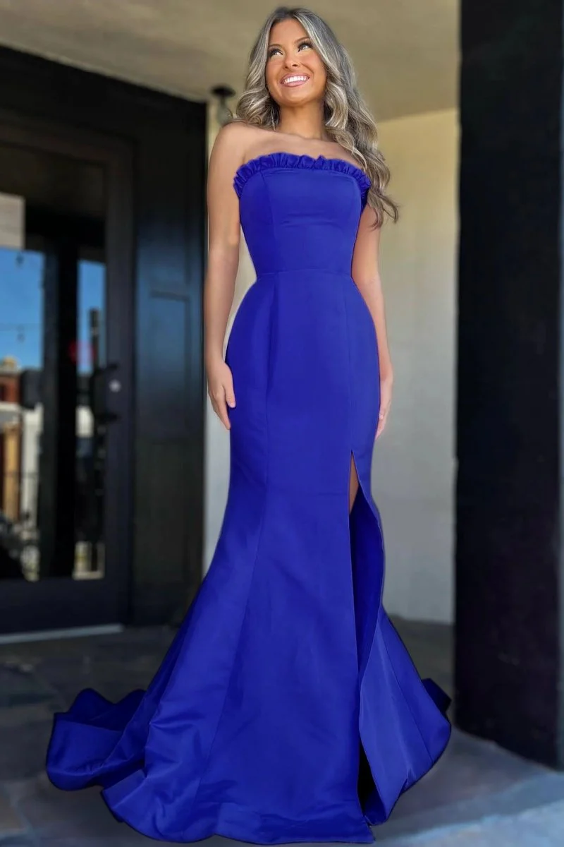 Strapless Maganta Ruffle Mermaid Slit Long Prom Dress