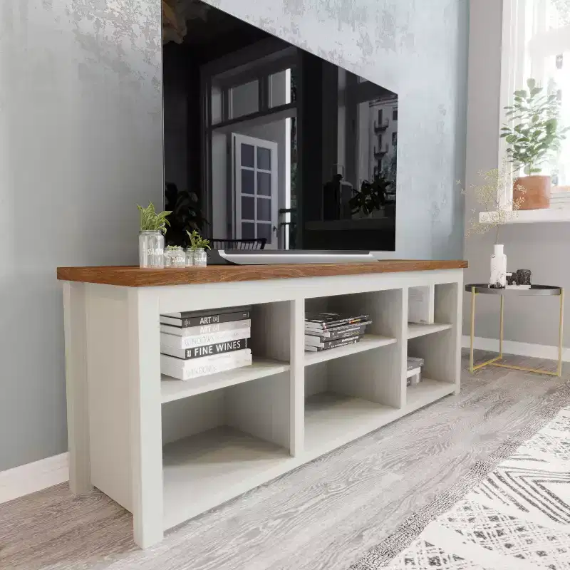 Flash Furniture TV Stand for up to 80 TVs with 6 Open Storage Compartments in White/Walnut