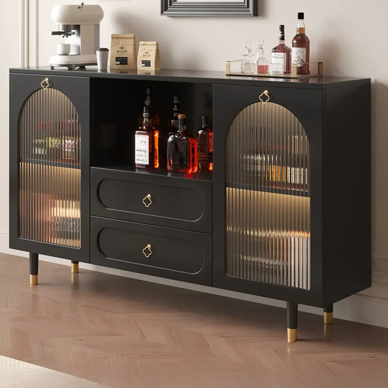 Glam Black Engineered Wood Sideboard with Drawers