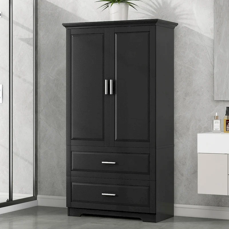 Black Tall Bathroom Storage Cabinet with 2 Doors, Drawers & Adjustable Shelf