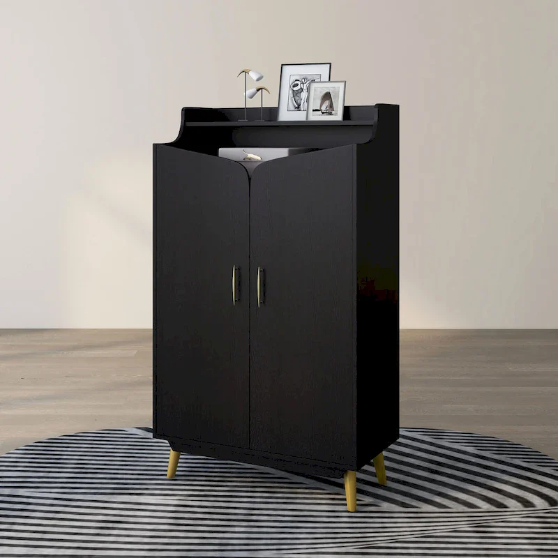 DH BASIC Chic Mid-Century Modern Black with Gold 15-Pair Double-Door Shoe Cabinet by Denhour