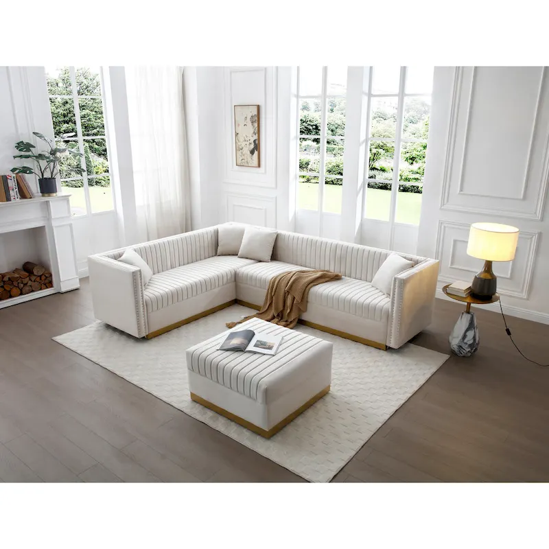 Beige Velvet Tufted L-Shaped Sectional Sofa with Ottoman and 4 Pillows
